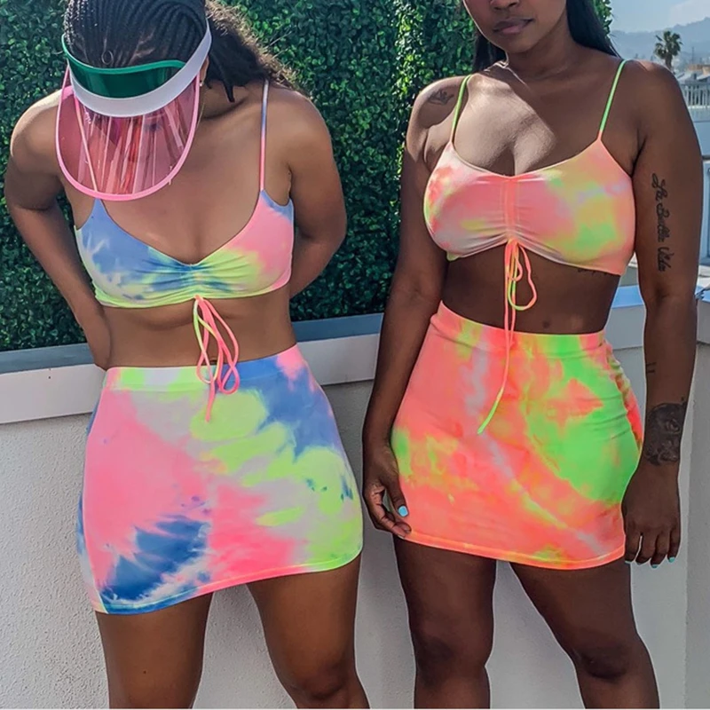 

Spaghetti Straps Tie Dye Print Sexy Camis Skirt Two 2 Piece Set 2021 Summer Women Fashion Party Club Holiday Tracksuit
