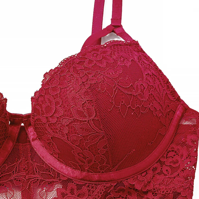 Sexy Body Women Push Up Strappy Cup Underwire Hollow Out Back Floral Pattern Bodysuit Lingerie Bra with Openable Crotch | Женская одежда