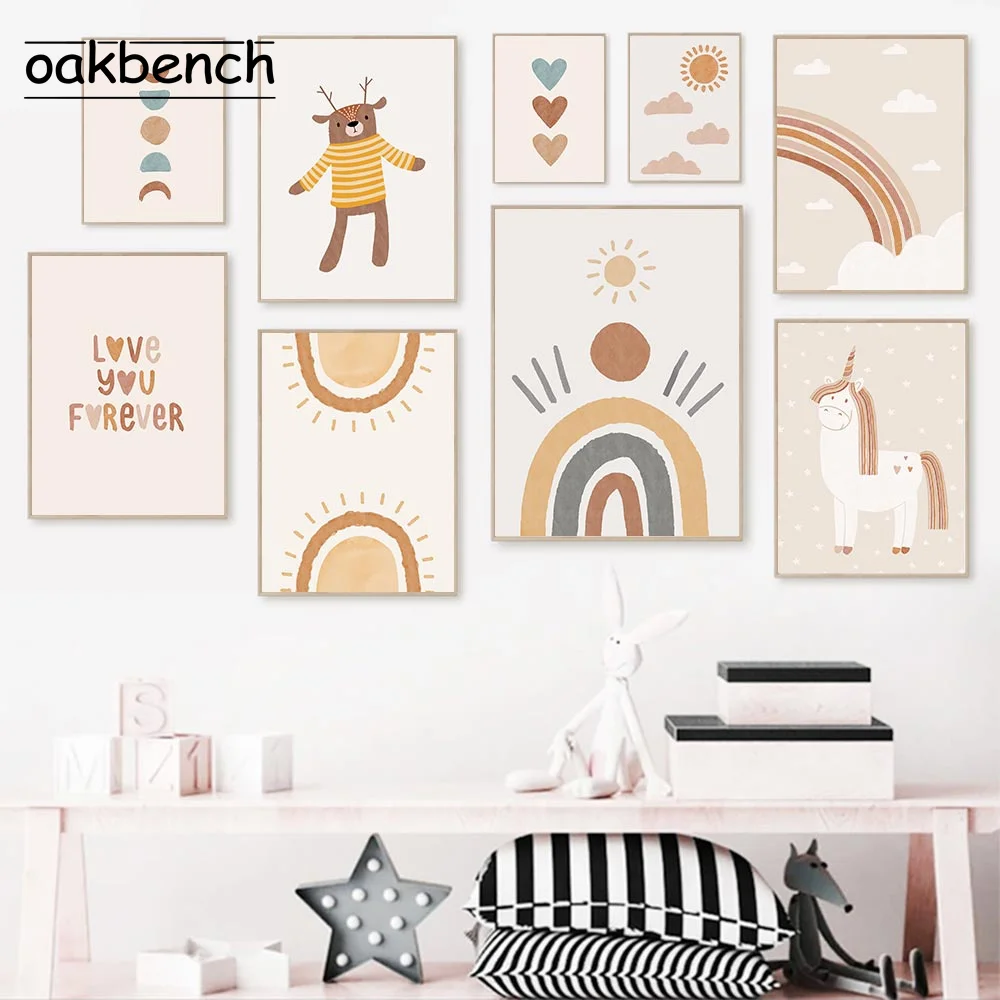 

Alpaca Bear Canvas Painting Boho Nusery Wall Art Print Rainbow Sunshine Art Poster Nordic Wall Pictures Baby Kids Room Decor