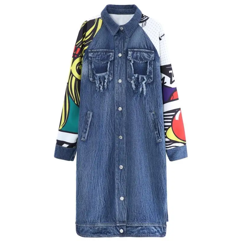 Весна-Осень 2021 женские длинные свободные джинсовые пальто с мультяшным принтом |