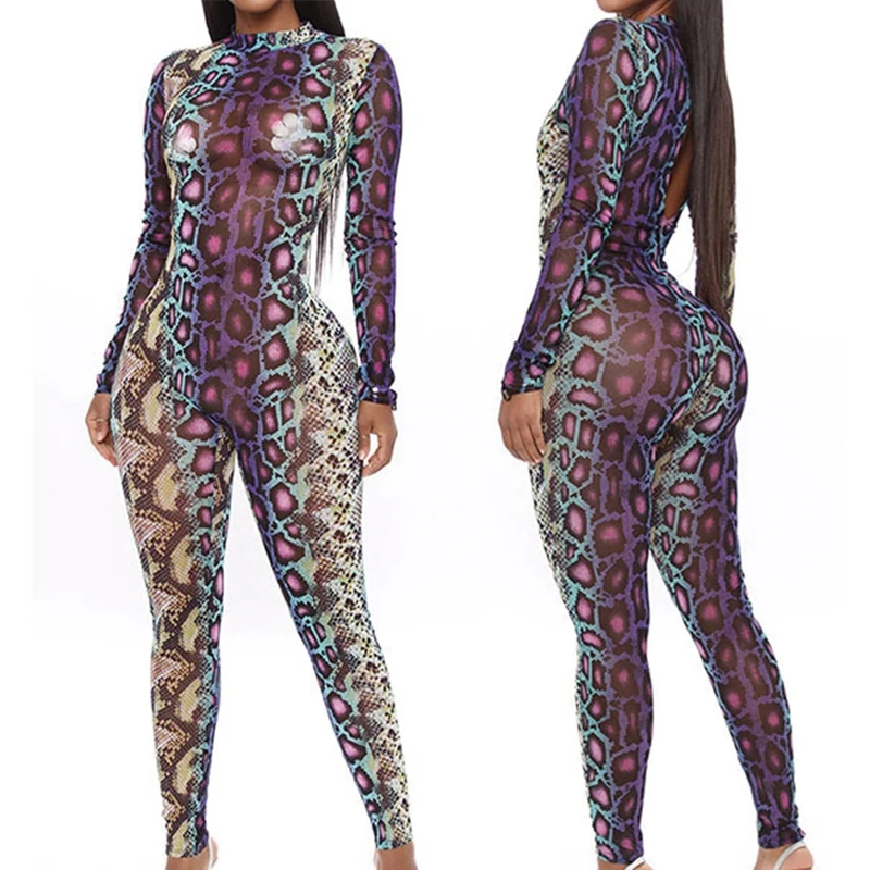 

Snake Pattern Sexy Bodysuit Women's Backless One-Piece Long-Sleeved Fashion Fitness Long Jumpsuit