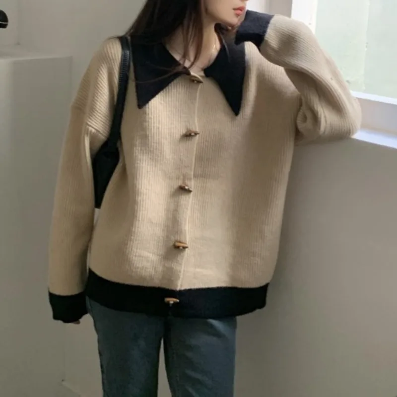 

Gentle Wind Contrast Color Lapel Knitted Sweater Autumn Winter Cowboy Button Cardigan Jacket Women's Wear