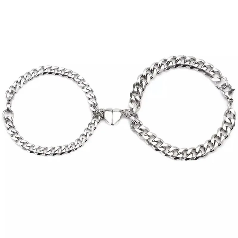 

1 Pair 2021 Heart Magnet Couple Bracelet for Women Men Fashion Charm Jewelry Stainless Steel Cuba Chain Bracelet Lover Gift