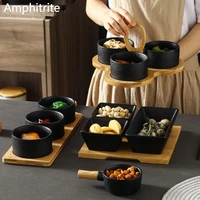style ceramic fosco black plate seasoning taste the household dish divided grill of dried fruit bowl wooden utensils tableware