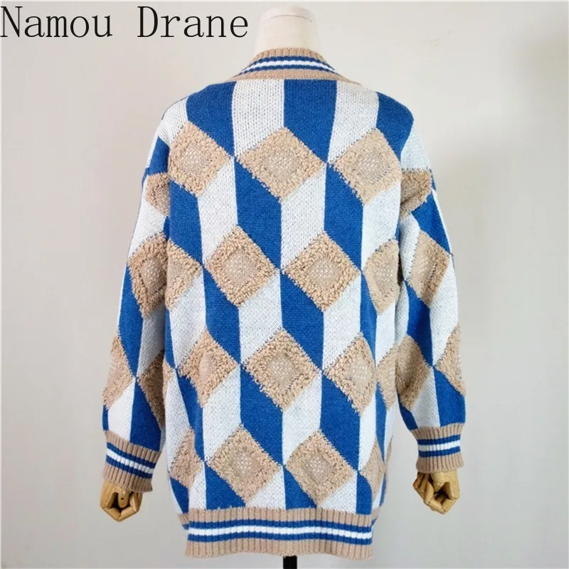 

New 2020 Women's Sweaters Autumn Winter Fashionable Buttons Casual V-Neck Oversize Cardigans Diamond Knitwear