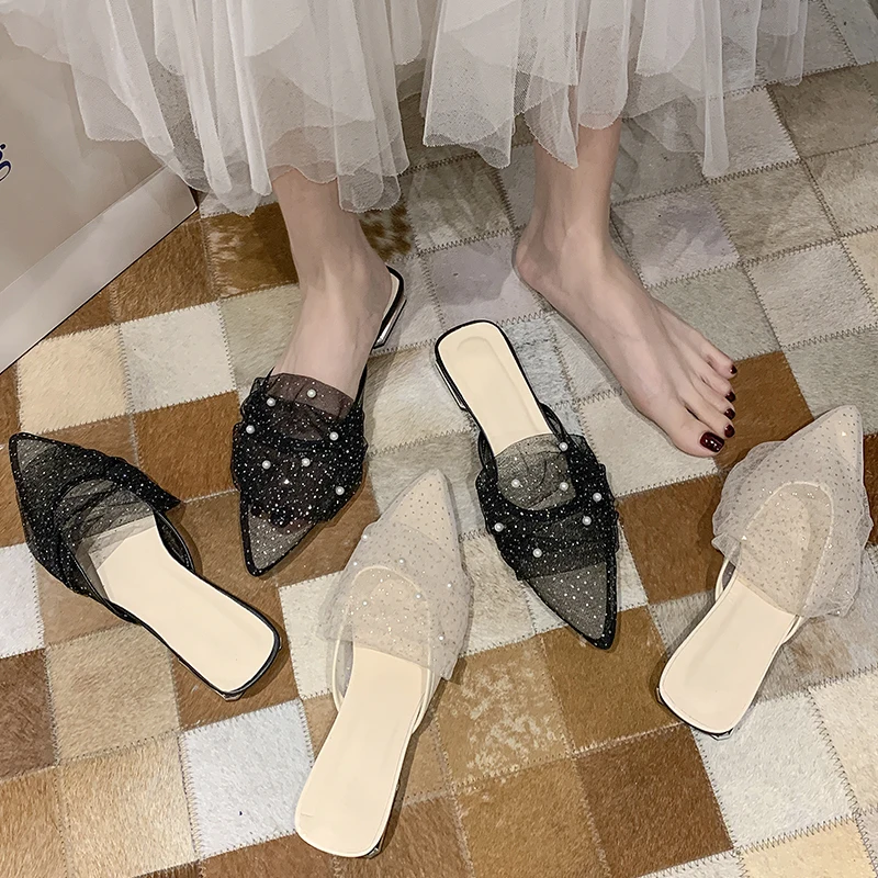 

Ladies Slippers Elegant Low Heel Women Sexy Translucent Mesh Ladies Office Slippers Black Fashion Beaded Design Female Shoes