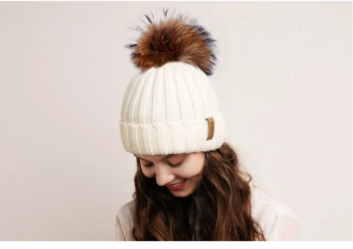 Furtalk Реального Меховая Шапка Вязаная Реальный Большой Енота Pom Pom Hat женщины Зимняя Шапка Унисекс ДетиТеплый Коренастый Толстая Эластичный вязать