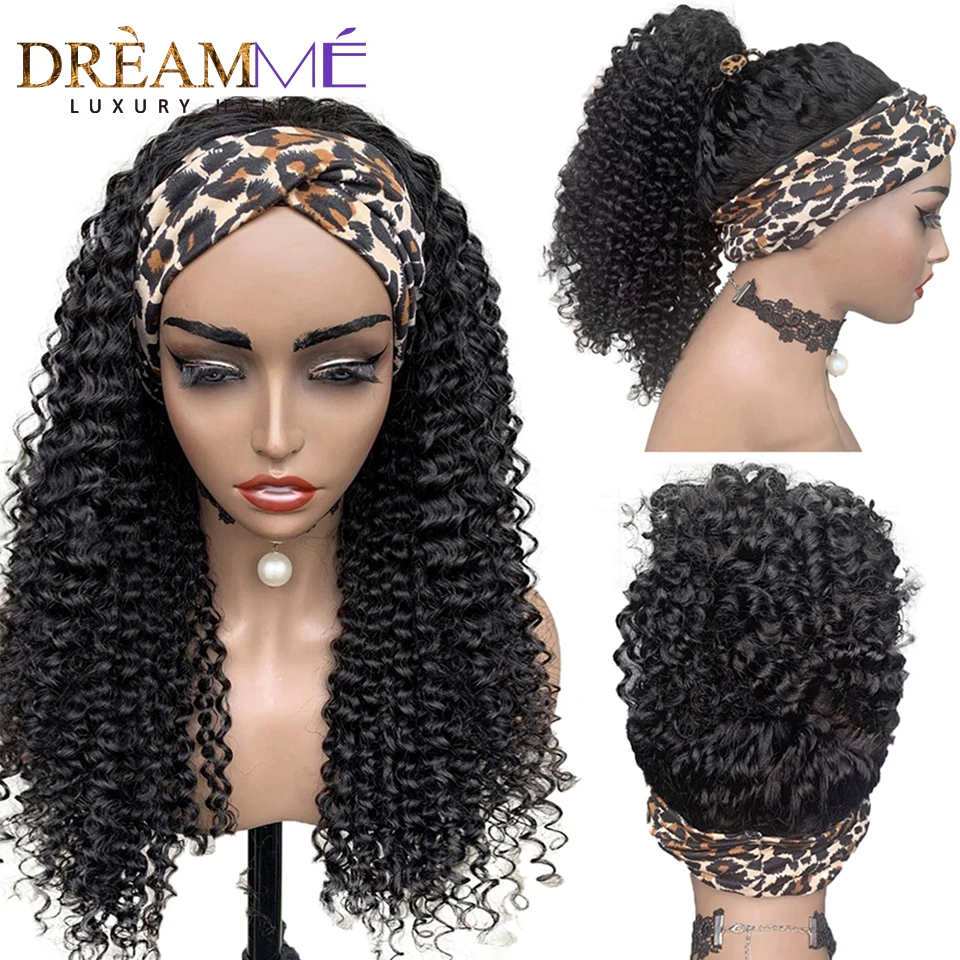 

Deep Curly Wave Headband Wig Human Hair Wigs For Black Women Brazilian Remy Human Hair Headband Wig Machine Made Half Scarf Wigs