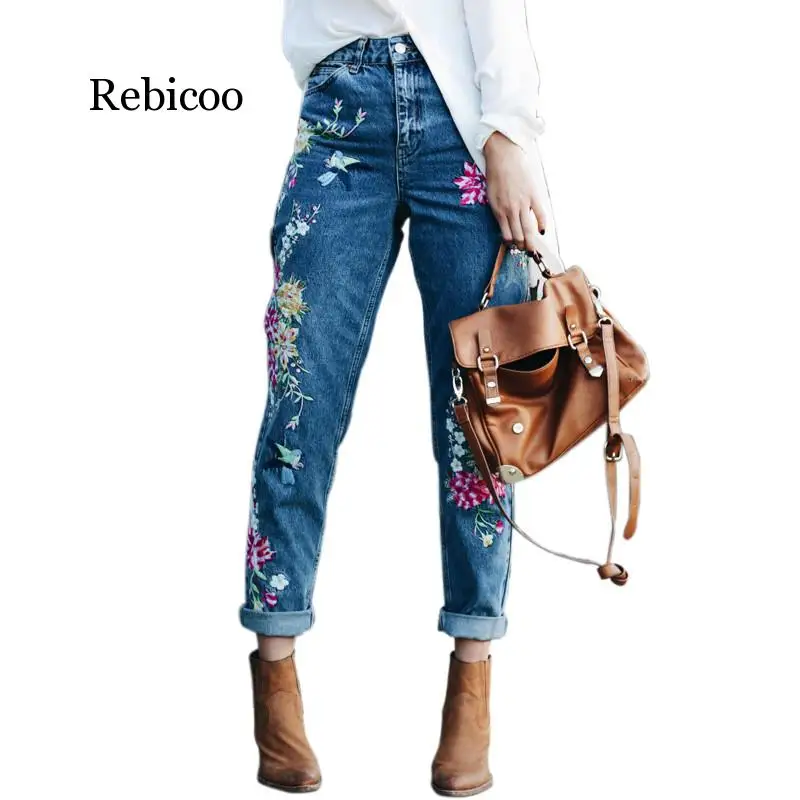 Женские джинсы с цветочной вышивкой высокой талией размера плюс на весну лето