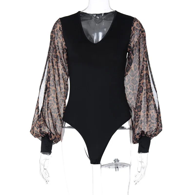 

Fall Women French Retro Long Sleeve Bodysuits All-Match 2021 Spring Clothes Female Sexy Leopard Mesh Split V Neck Black Bodysuit