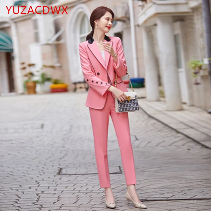 Fashion Pink  Women Blazer Set Double-breasted Slim Jacket & Pencil Pant Women Pant Suit Ladies Work Suit Female 2 Piece Set enlarge