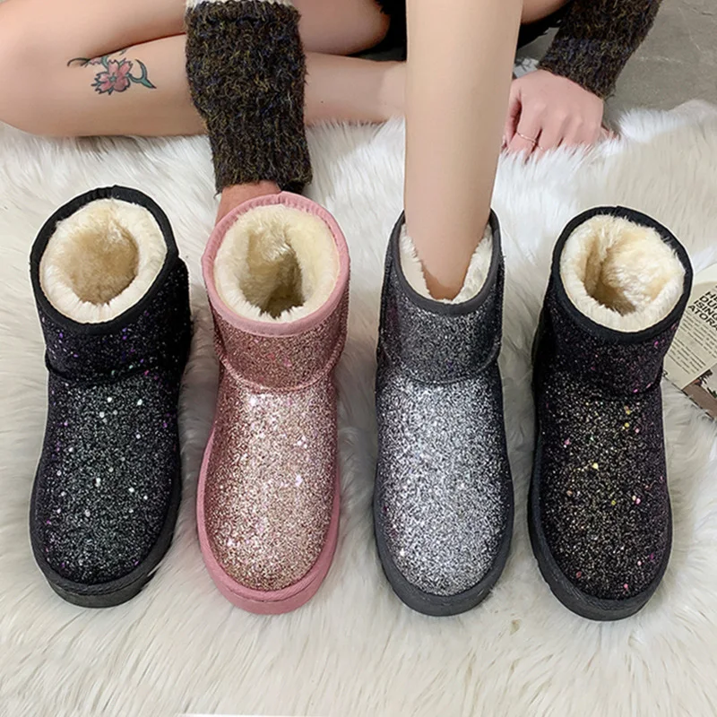 

Теплые меховые сапоги для снежной погоды, женские зимние мягкие хлопковые сапоги на массивной подошве, женская повседневная обувь с украше...