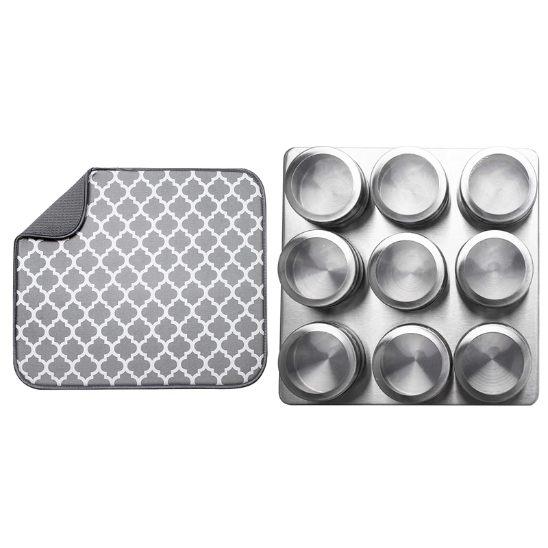 

9 Pieces Magnetic Spice Jars Set Stainless Steel & 1x Kitchen Countertop Suction Mat