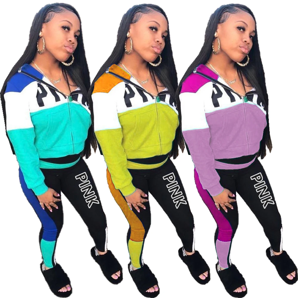 

2020 Pink Letter Print Sporty Casual 2 Piece Set Women Fall Spring Zip Sweatsuit Outfit Pockets Coat Sweatpants Tracksuit Suits