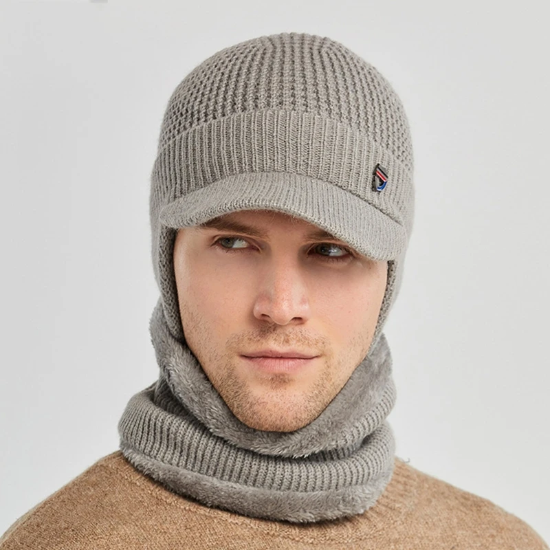 

Men Winter 2Pcs Set Visor Brim Earflap Beanie Hat with Circle Scarf Knitted Thicken Plush Lined Skull Cap Neck Warmer