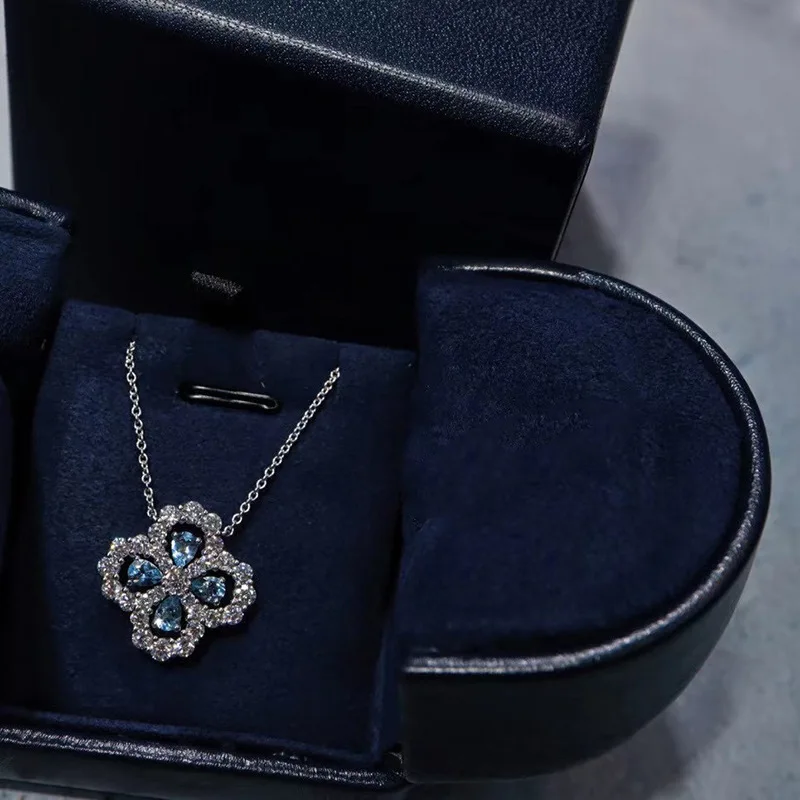 

Fashion Charm Female Sterling Silver Jewelry Quality Austrian Blue Crystal Clavicular Chain Four-Leaf Clover Necklaces Pendants