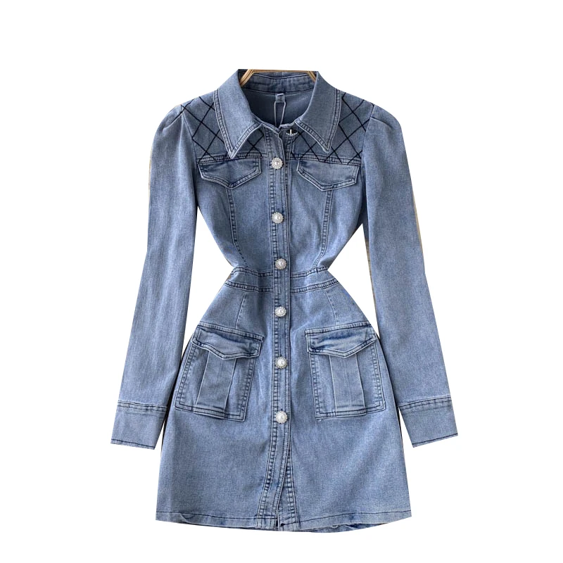 

Retro Women's Single-breasted Denim Dress Full Sleeve Pocket Slim Waist Waist Women's Workwear Denim Dress Autumn Vestidos