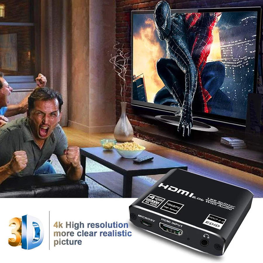 

18Gbps 4K Ultra HD 1x2 Video Audio HDMI 2.0 Splitter 1 In 2 Out 4k@60Hz Support HDCP 2.2 HDR