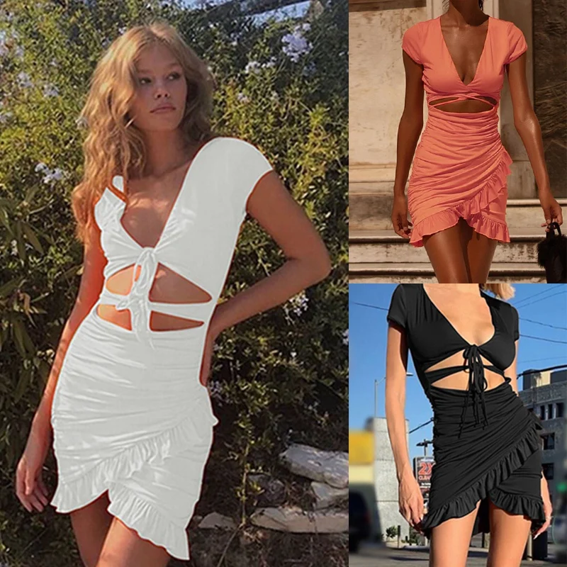 Мини-платье женское летнее Облегающее с V-образным вырезом и рюшами | Женская