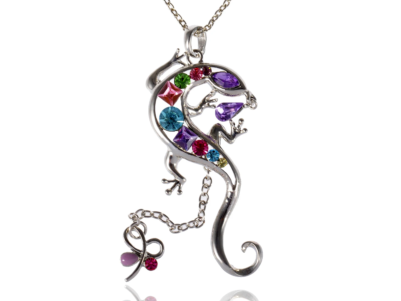 

Rose Silvery Tone Multicolored Crystal Rhinestones Lizard Butterfly Pendant Necklace For Women Gifts