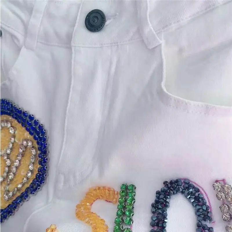 blingbling Rhinestone design Slim Summer Trendy Casual Shorts Denim Letter Pattern Short White Streetwear Jeans Shorts Female