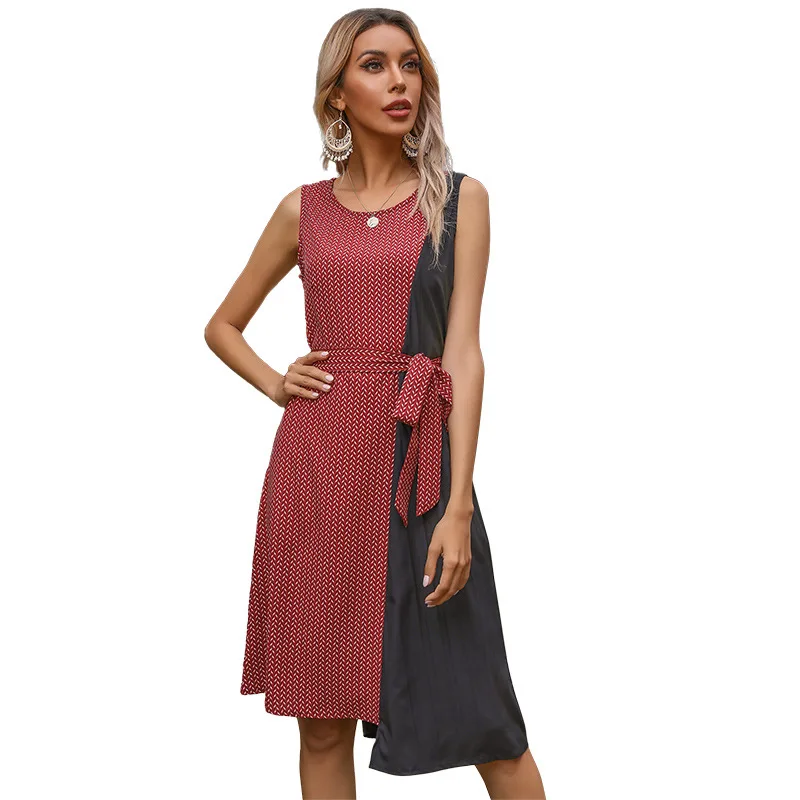 

Sling Female 2021 Summer New Round Neck Stitching Lace-up Slim Slimming Vest Dress Irregular Female