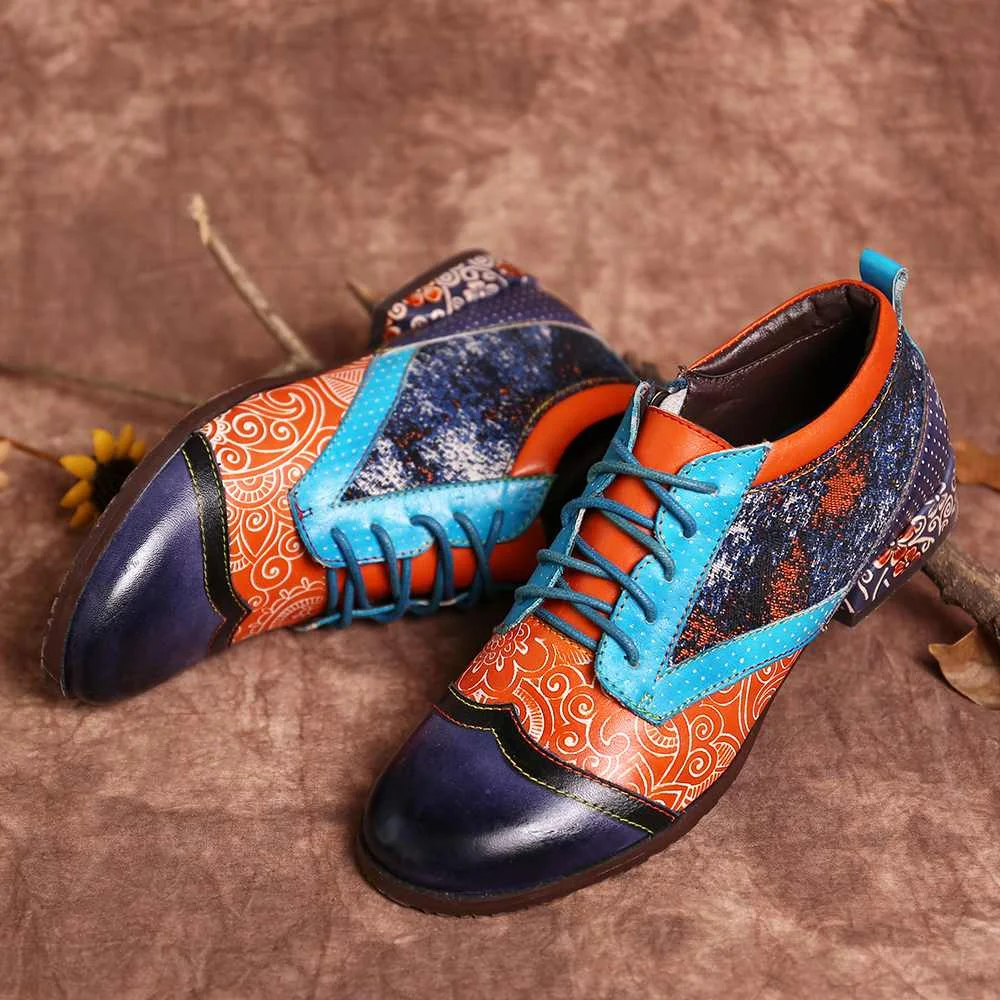 

SOCOFY Bohemian Pattern Spots Colorful Stitching Genuine Leather Flat Shoes Elegant Ladies Shoes Women Botines Mujer 2020