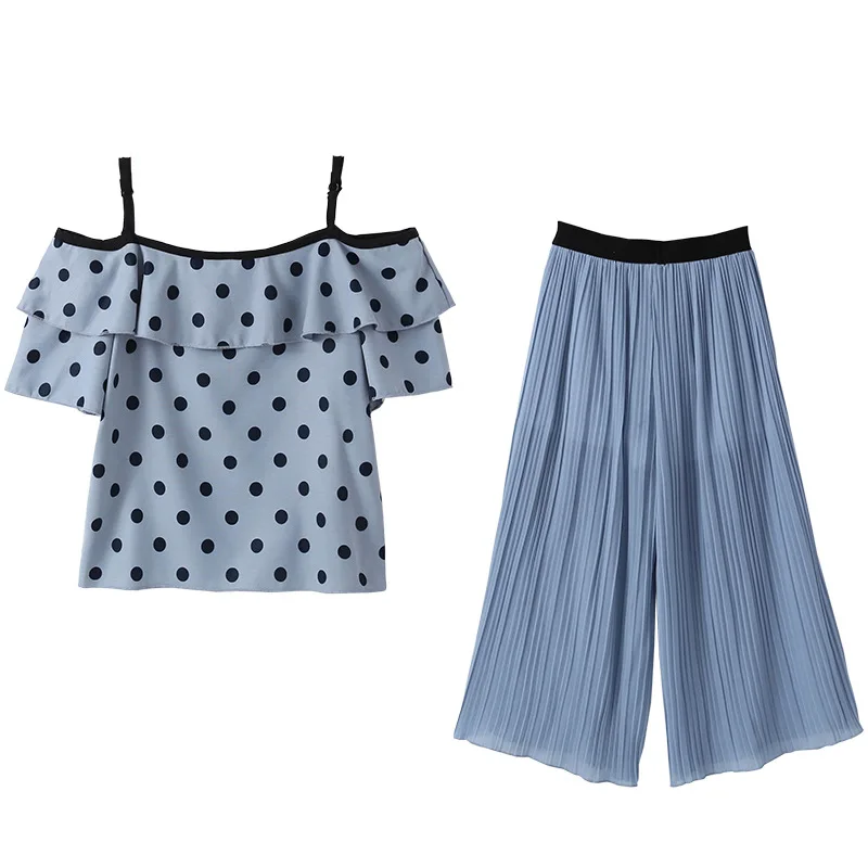 

2020 Summer Children Sets Casual Strap Ruffles Dot Tops Chiffon Blue Wide Legged Trousers 2Pcs Girls Clothes Sets 3-12T