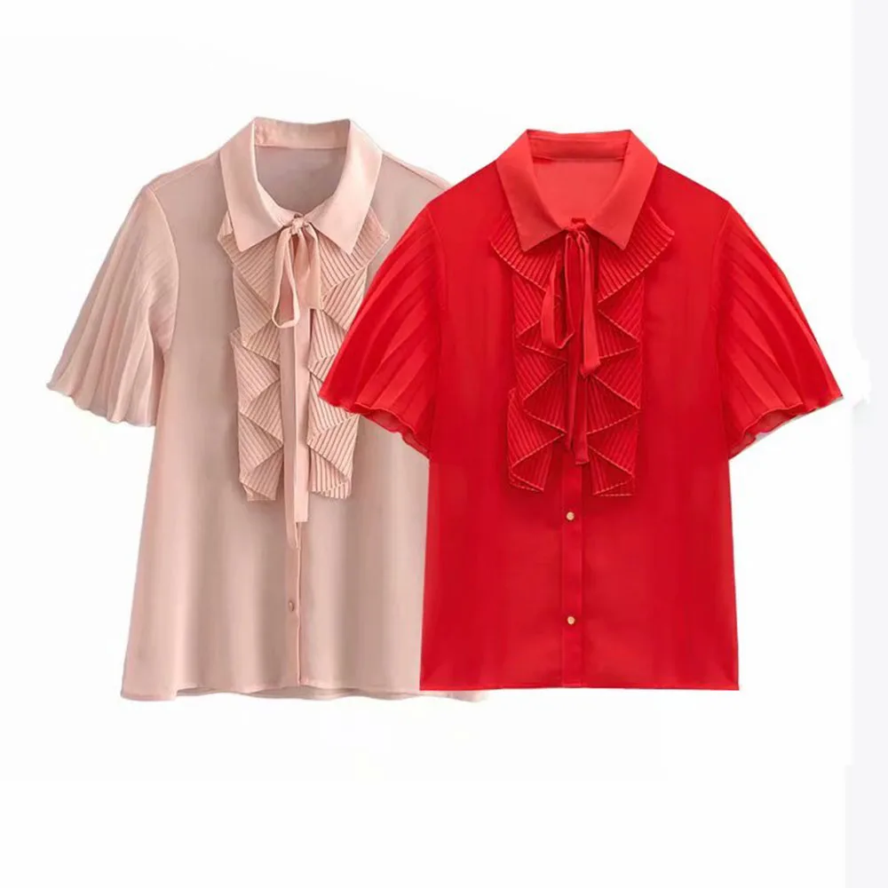 

Women's 2021 summer new product fashion chic lapel wood ears laminated decorative drape shirt short-sleeved top