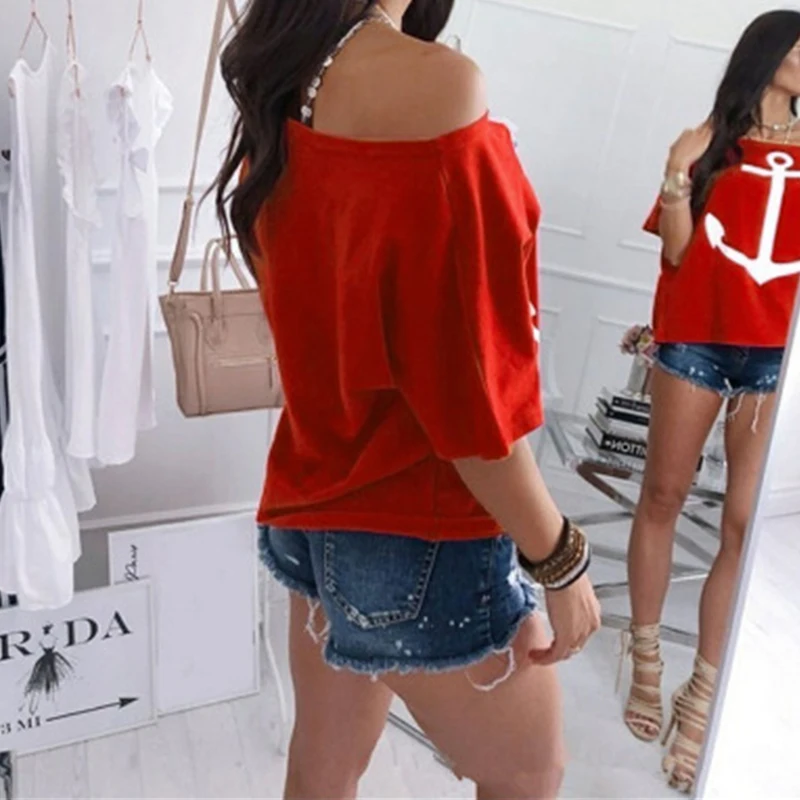 Women Anchor Print Loose T-shirt Summer Slash Neck Tees Casual Batwing Sleeve Tops T-shirts Plus Size | Женская одежда