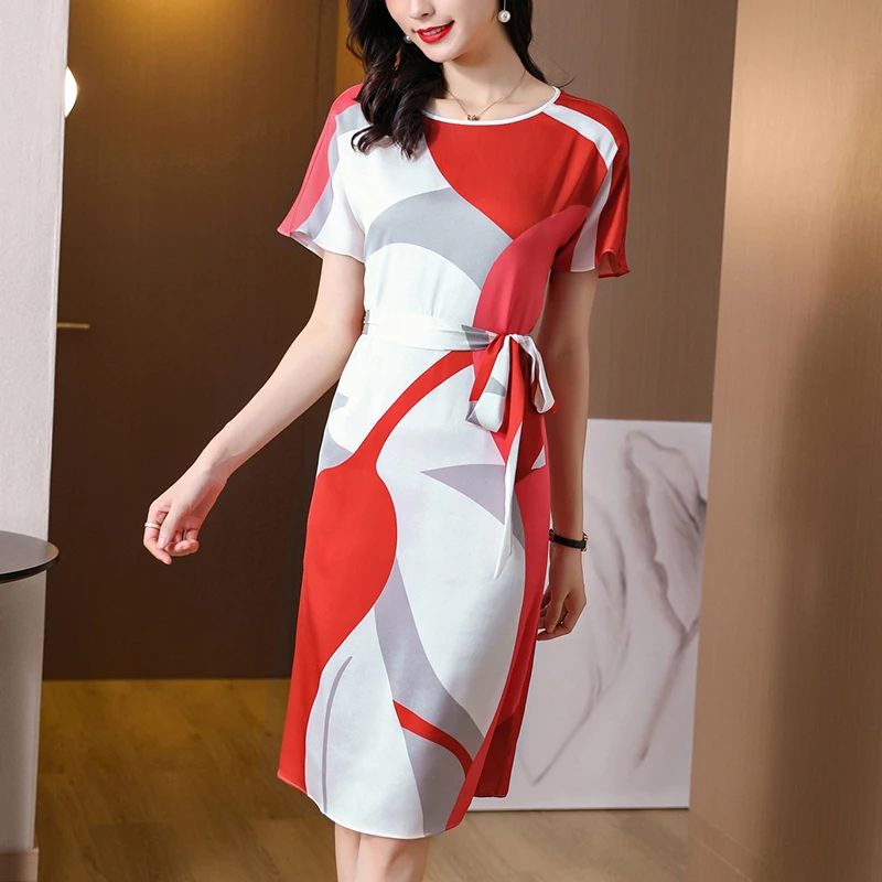 

COIGARSAM Women Dress Summer Spring 2021 New Office Lady Print Short Sleeve O-Neck Red Dresses Traf Vestidos Robe