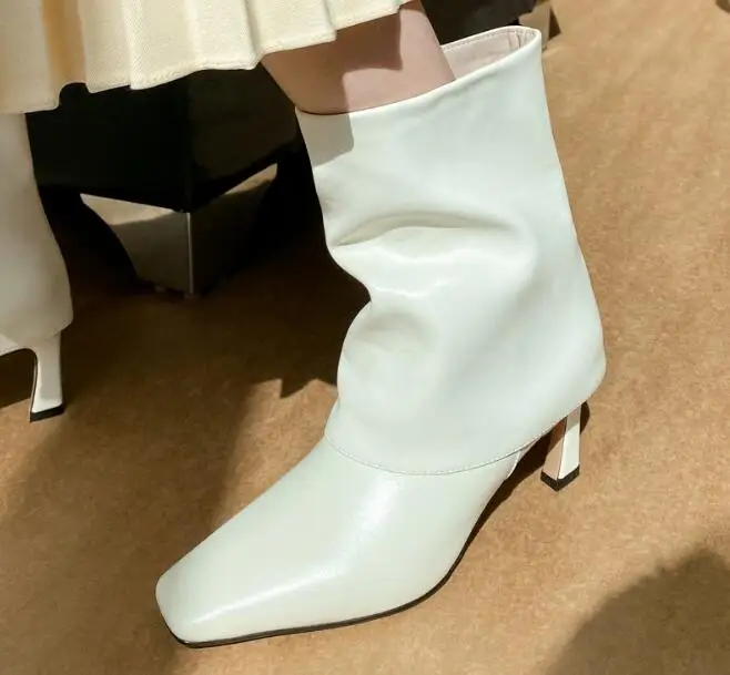 Ботинки женские на тонком каблуке 7 см мягкая кожа квадратный носок складные без