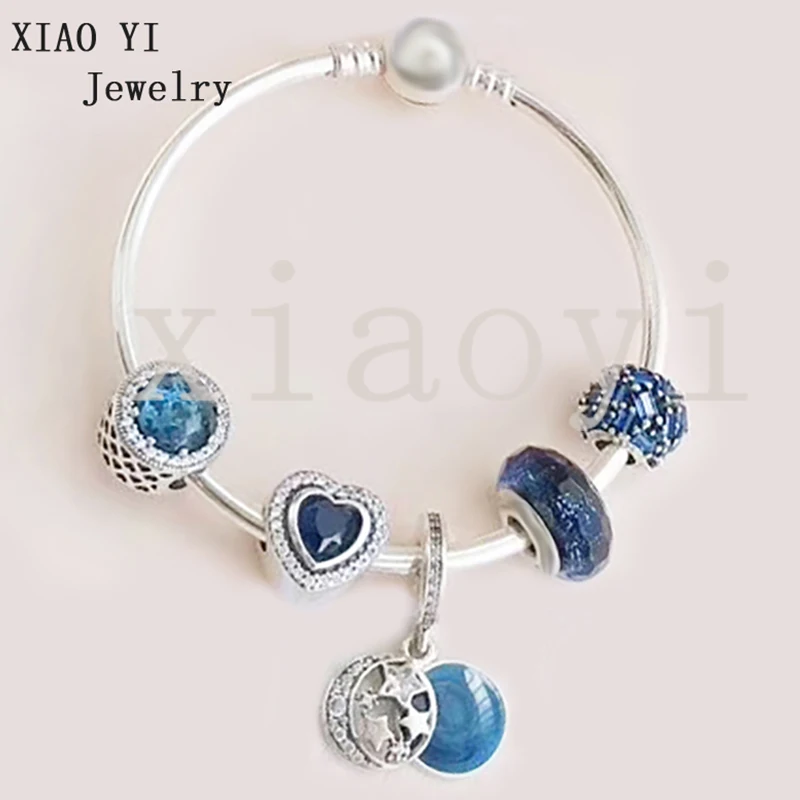 

XIAOYI 2020 new 100% s925 Blue star moon love glass beads charm gentle high quality Bracelet surprise birthday gift female