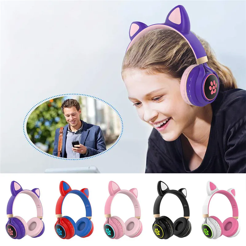 

T23 LED Cute Cat Ears Headphones Bluetooth 5.0 Wireless Headset With Mic Stereo Music Earbud Earphone For Kids Earphone Gift