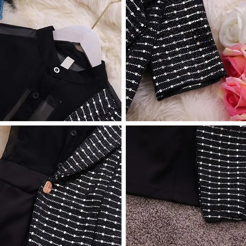 

Asymmetrical dress short sleeve sequined bling mini dress button black chiffon