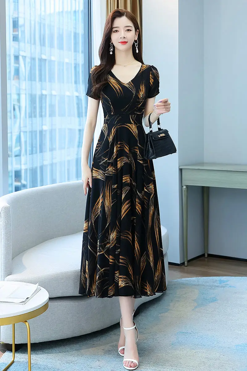 

Vintage Floral Chiffon Dress Women's Summer 2021 New Long V-Neck Slim Long Dress Short Sleeve Elegant Female Vestidos zh1515