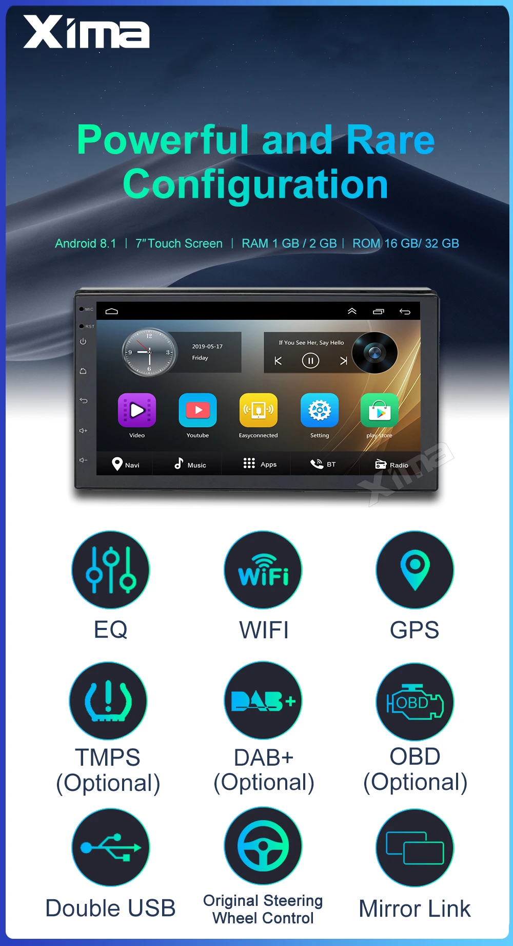 XIMA Android9.0 2Din Car Radio Multimedia Player " Universal RAM2G GPS Navigation Audio Player For Nissan Toyota Hyundai Polo