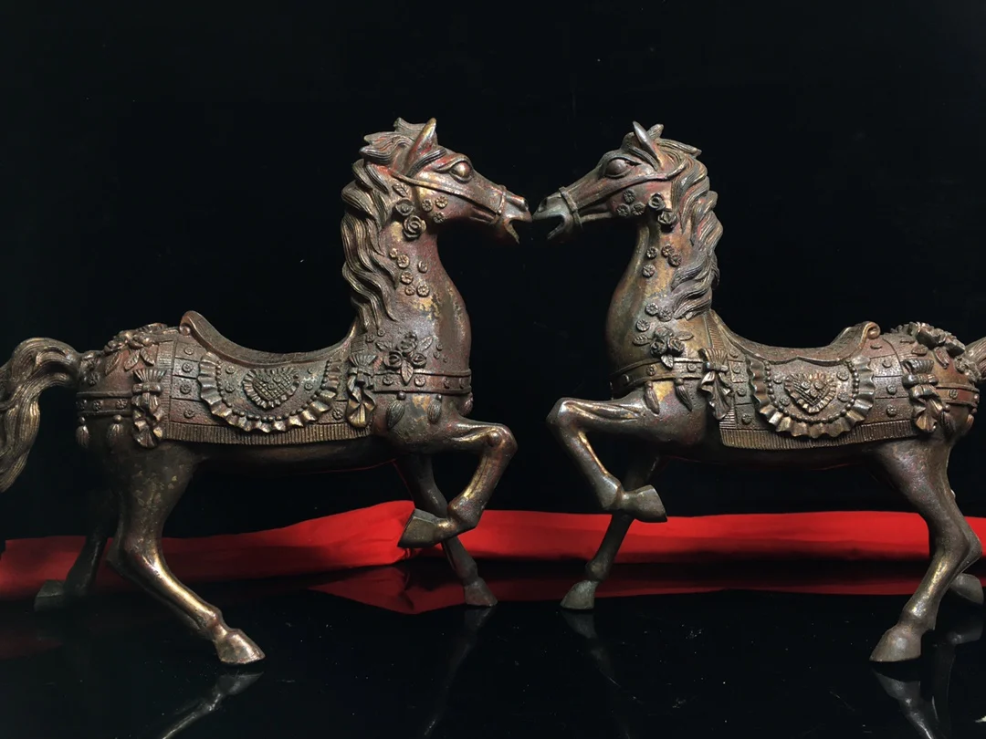 

12"Tibet Buddhism Old Bronze Cinnabar Lacquer Zodiac Horse statue War horse A pair Town House Exorcism Ward off evil spirits