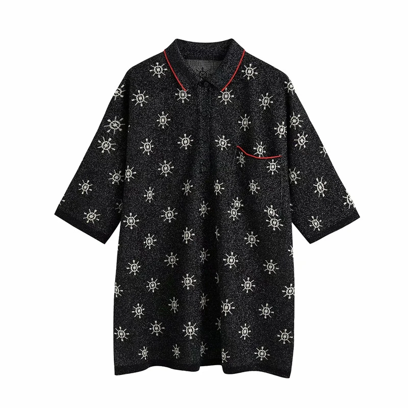 

women fashion summer short sleeve balck za knitted blouse female 2020 casual circle print pajamas style loose long shirts femme