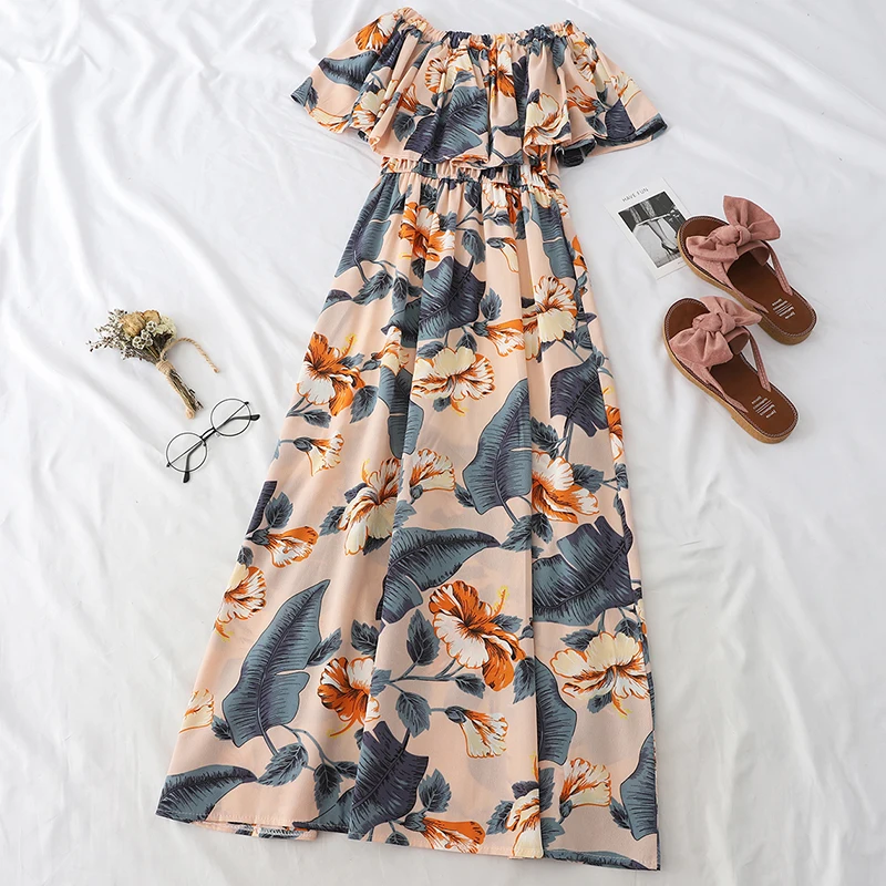 Женское облегающее платье Heliar корейское тонкое длинное с воланом и принтом