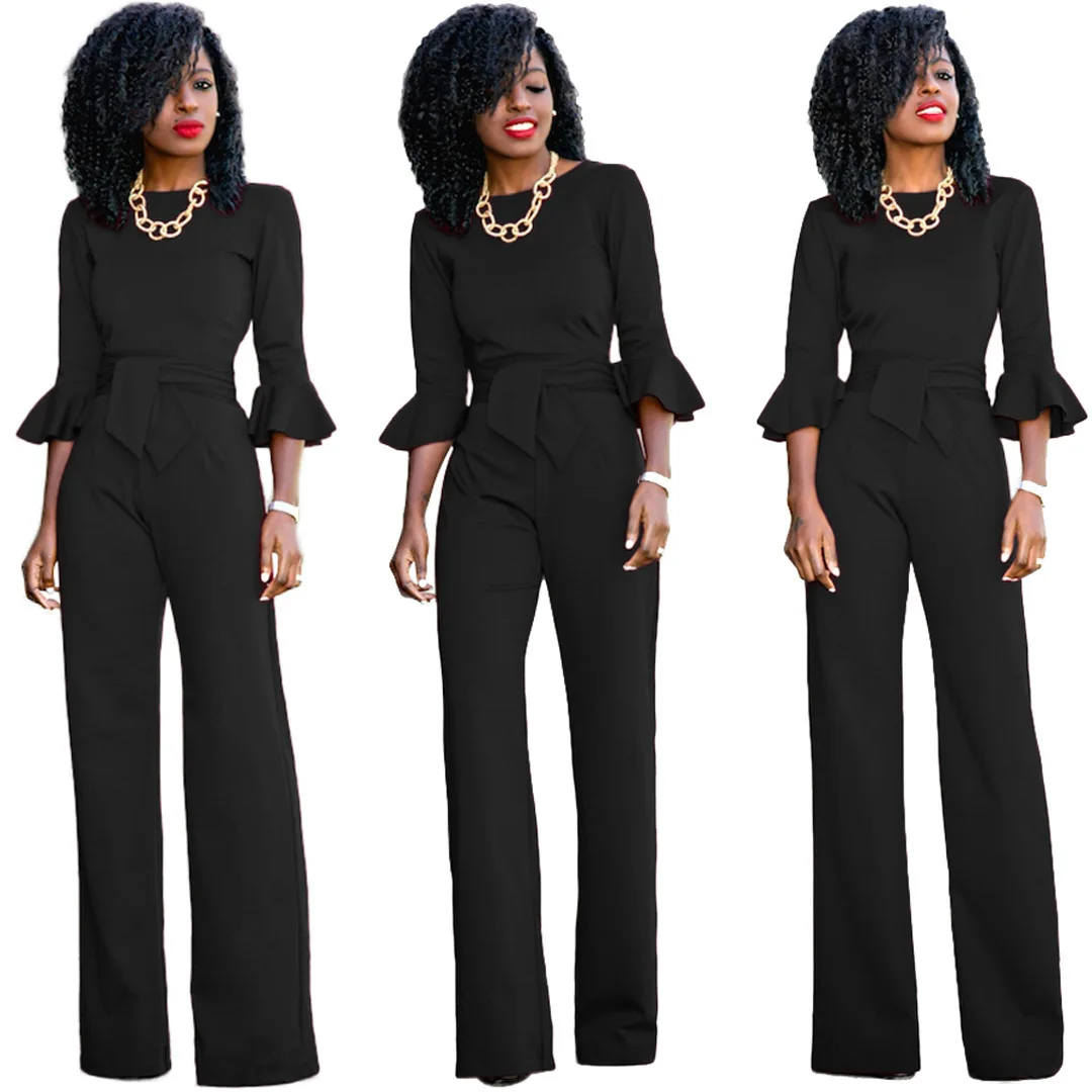 

Ruffle Sleeve Belted Flare Leg Plain Jumpsuit 2021 Spring Round Neck High Waist Butterfly Sleeve Workwear Jumpsuits