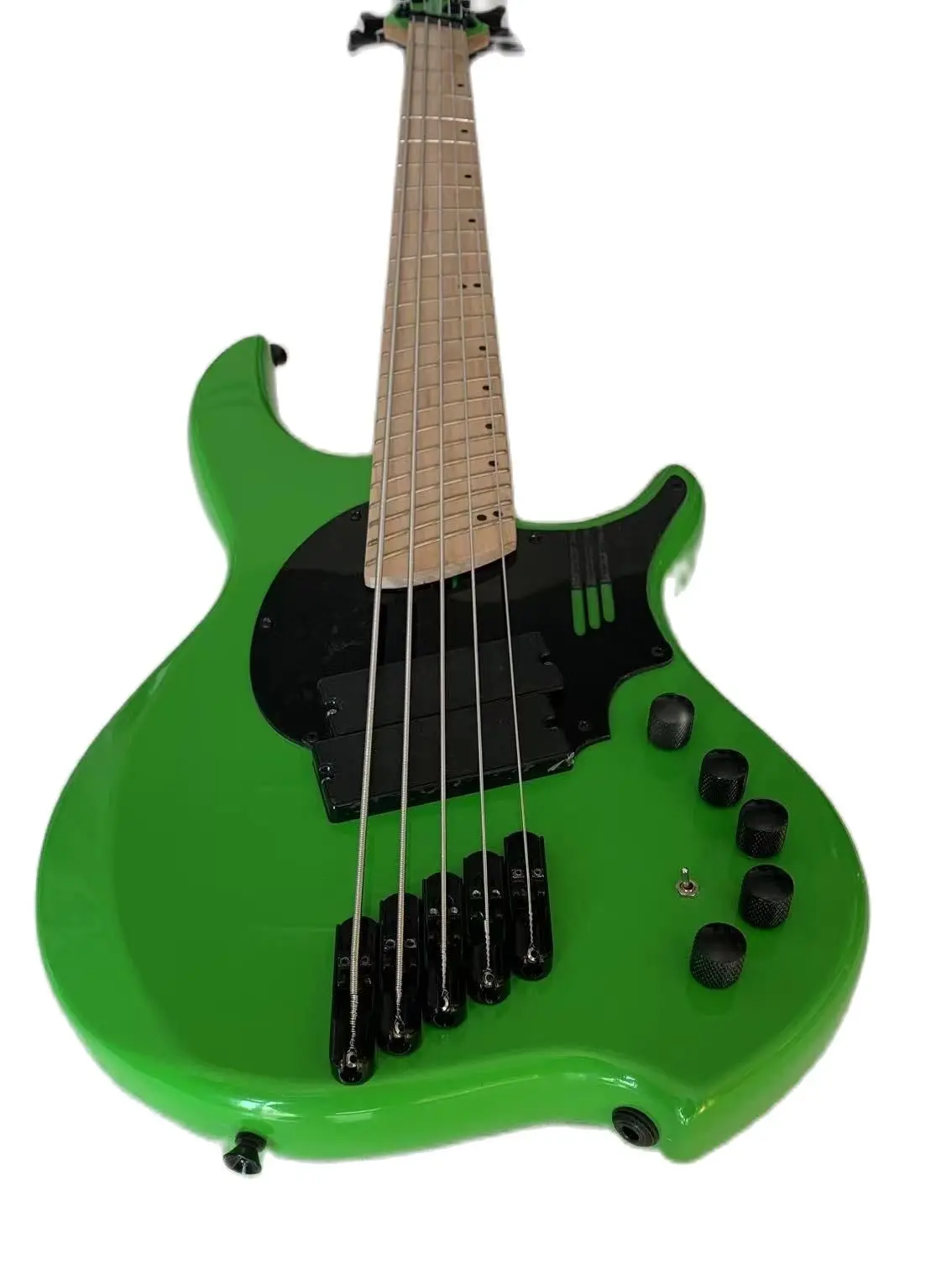 Dw high-end baixo oblíquo personalizado de 5 cordas, corpo verde fluorescente, fingerboard oblíquo, agudos de 34 polegadas, baixo de 37 polegadas, preto hardw