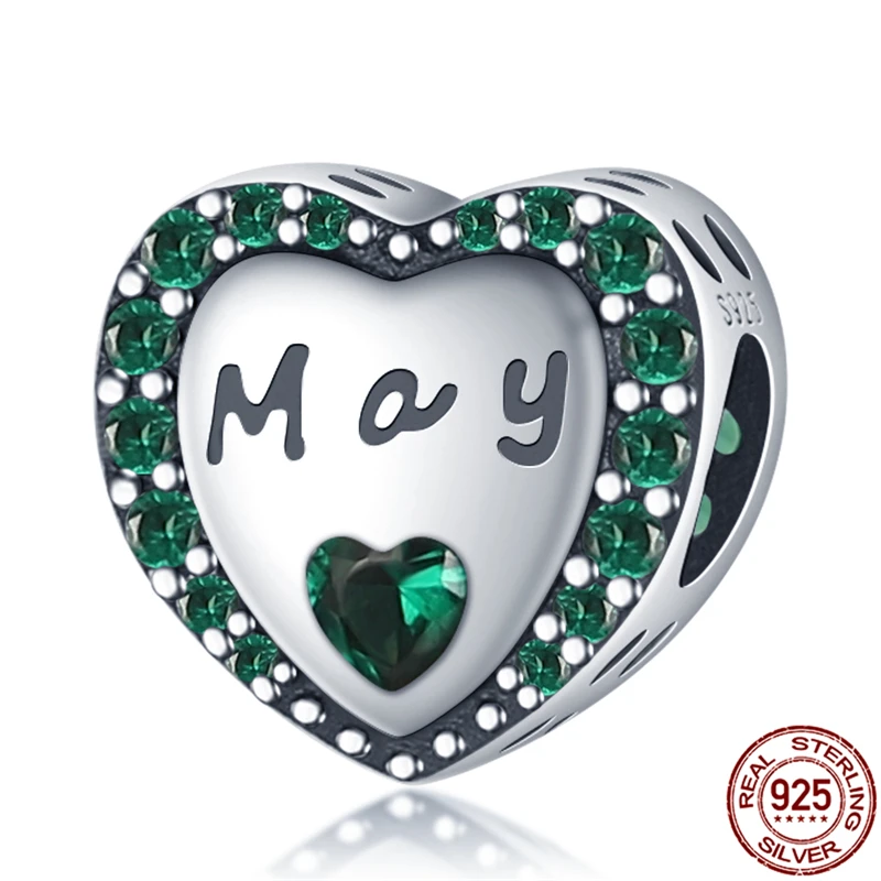 

2021 New 100% Real 925Sterling Silver Emerald May Heart Shape Beads Fit Original 3mm Bracelet&Bangle Women Fashion Jewelry Gift