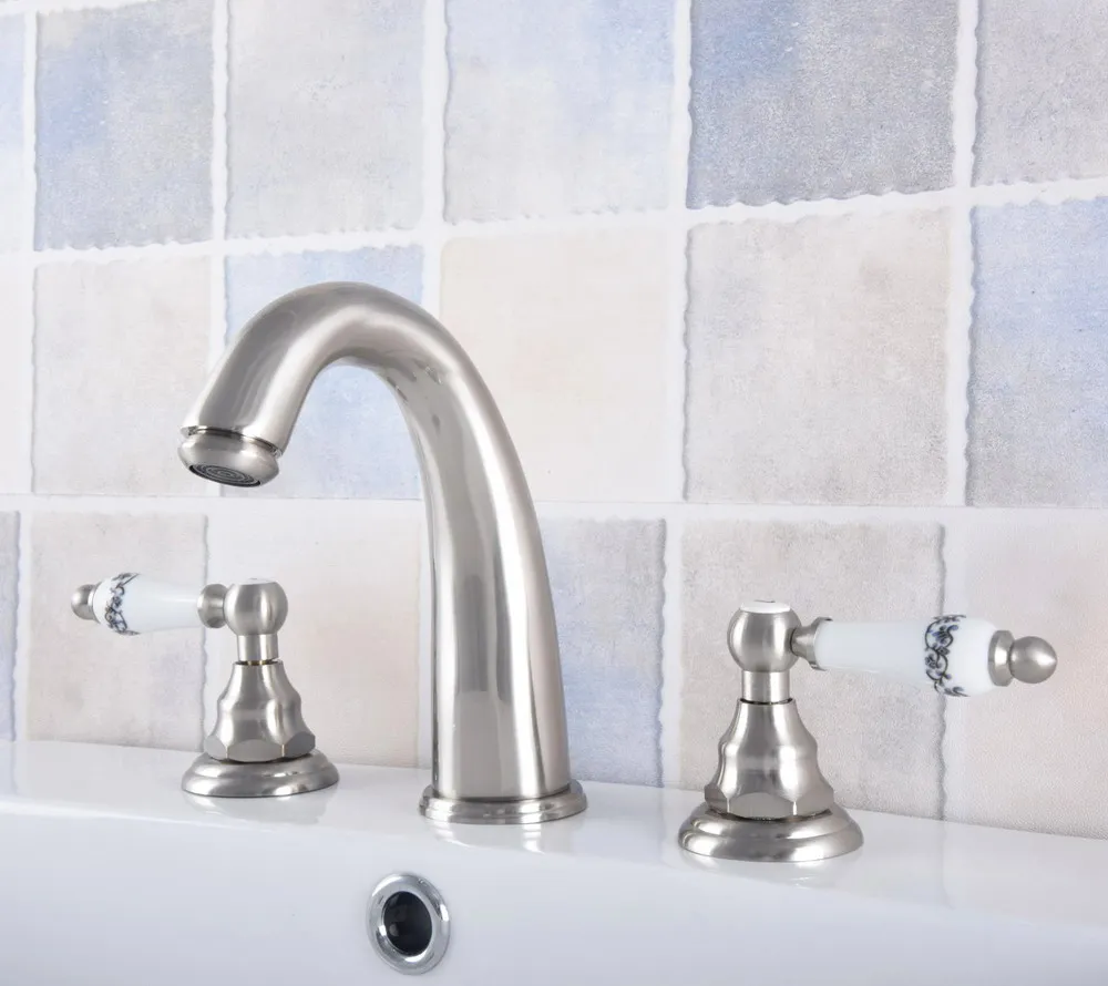 

Brushed Nickel Brass 3 Holes Deck Mounted Dual Ceramic Levers Handles Bathroom Vessel Sink Basin Faucet Mixer Taps anf692