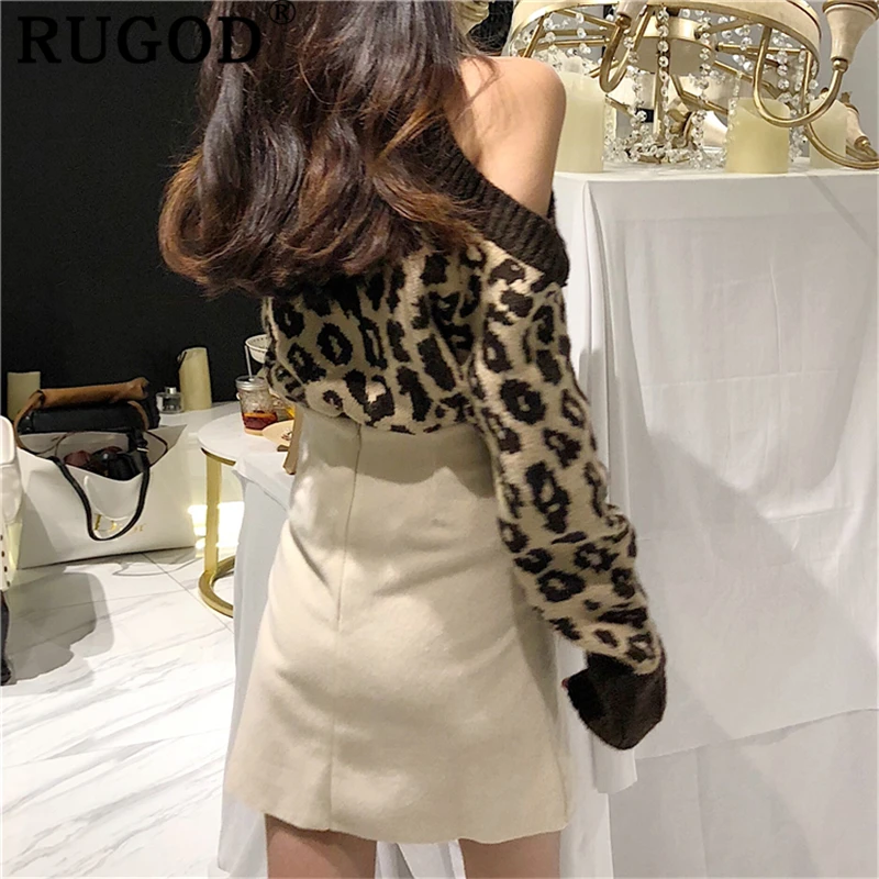 RUGOD Vintage leopard sweater women Elegant off shoulder turtleneck knitted sweaters female 2019 Fashion Slim pullovers outwear | Женская