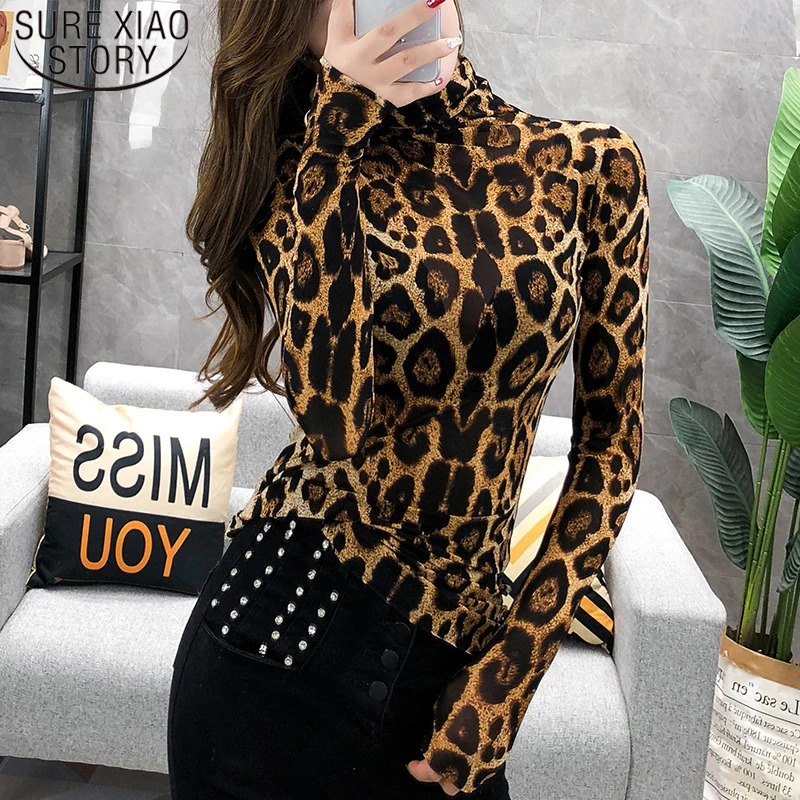 

EleganteCasual Tops Fashion Women Long Sleeve Leopard Shirt Turtleneck Shirt Lady OL Party Tops Streetwear Blusas Chic 7704