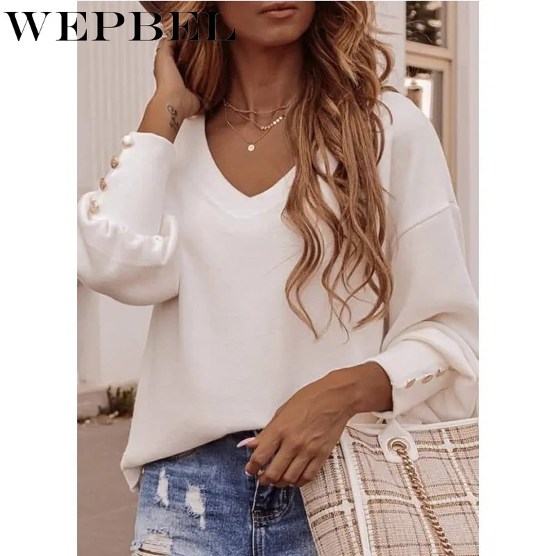 

WEPBEL Women Autumn Winter Loose Button Shirt Top Ladies Elegant Solid Color Long Sleeve V Neck T-shirt