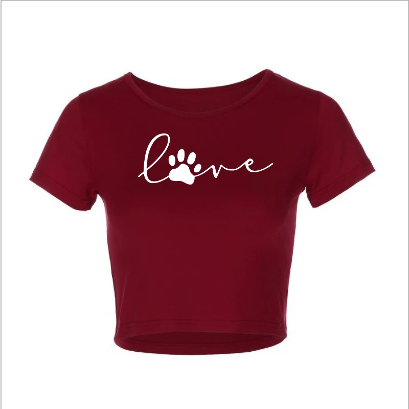 

New Fashion Women's T-shirt Cartoon Cat & Cat Paw Love Print Crop Top Cotton Skinny Basic T Shirts Female Clothing Tee