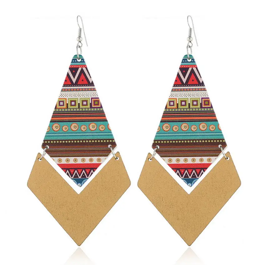 

Ethnic Style Zigzag Strip Print Natural Wood Earrings for Women 2021 New Geometric Triangle Point Chevron Drop Earrings Jewelry