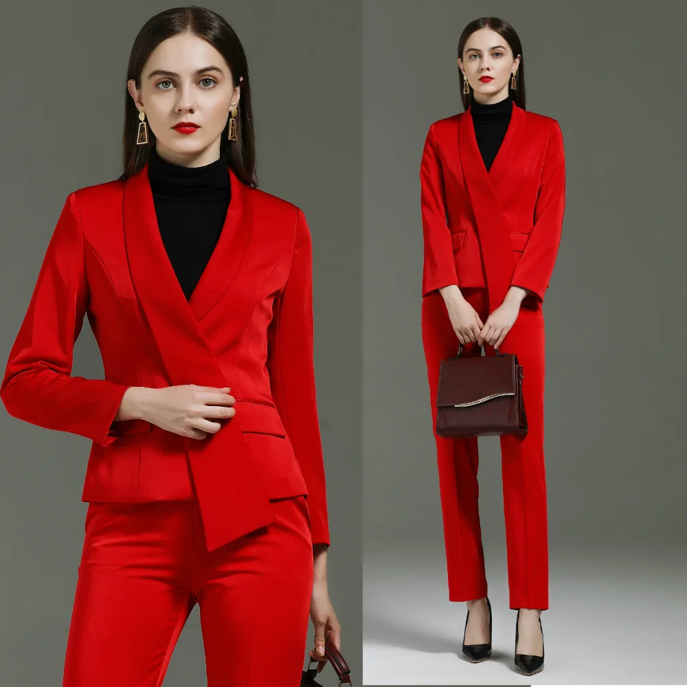 

Red 2-piece suit coat and pants women's professional clothing office jacket and Pants Set pants suit business womans suit